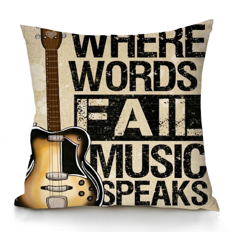 housse coussin carré musique rétro guitare noir blanc décoration salon lit fauteuil coton polyester