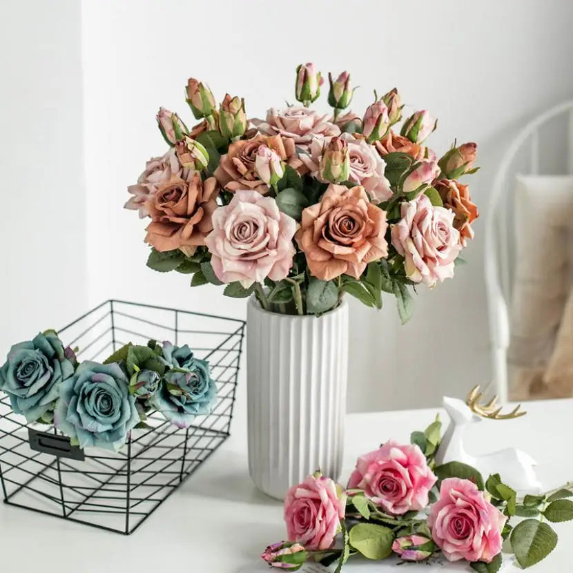 décoration extérieure bouquet roses artificielles feuilles vertes mariage anniversaire baby shower réaliste