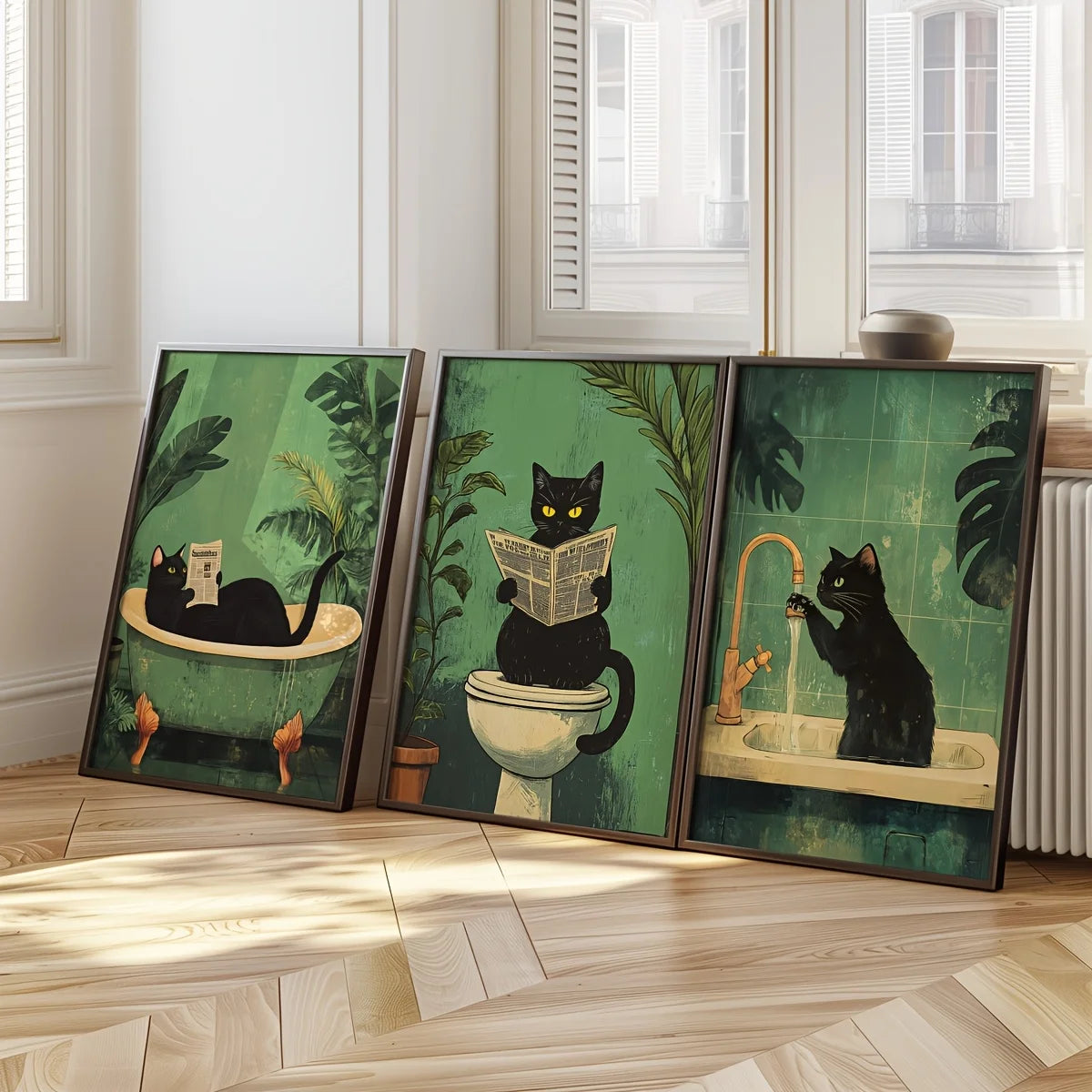toile d'art moderne chats illustration verte noir salle bain décoration intérieure sans cadre setSize