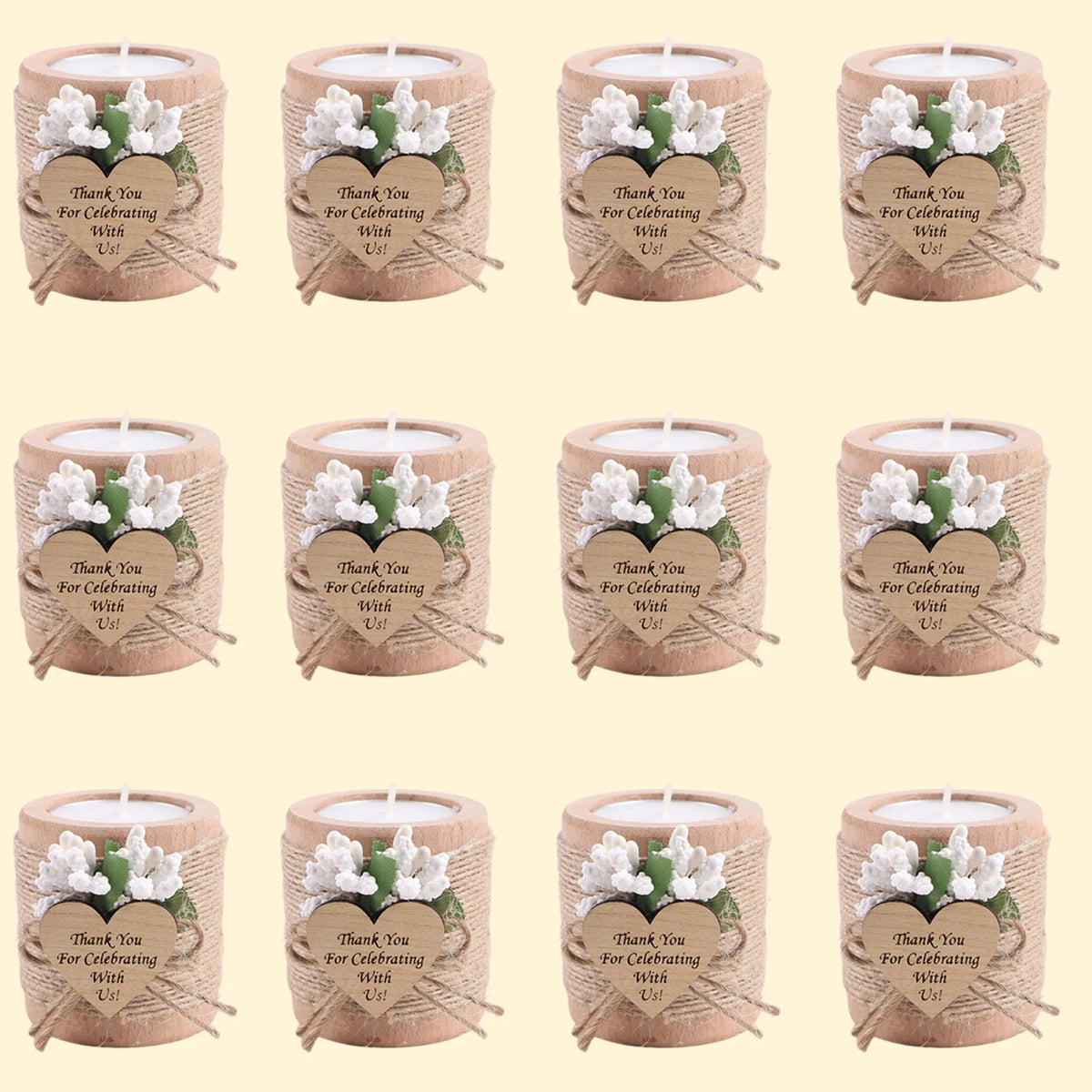 bougies poser blanc motif papier kraft fleurs blanches étiquette cœur rustique mariage remerciement 12