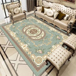 Un élégant salon décoré avec un canapé capitonné et un tapis de style oriental aux motifs floraux et géométriques.