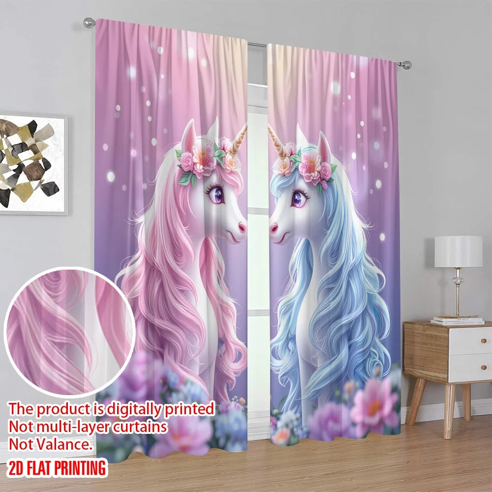 rideau licorne fleurs pastel polyester moderne rose violet blanc