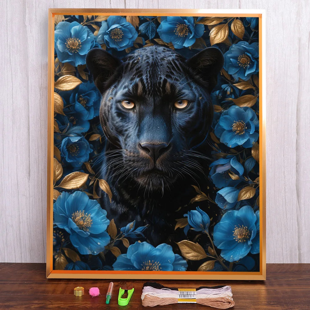 Toile broderie point croix panthère noire fleurs moderne kit broderie coton aiguilles rubans guides