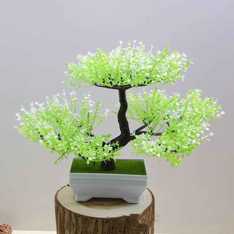 bonsaï artificiel vert rose violet orange feuilles fines tronc épais pot blanc mousse verteextérieur