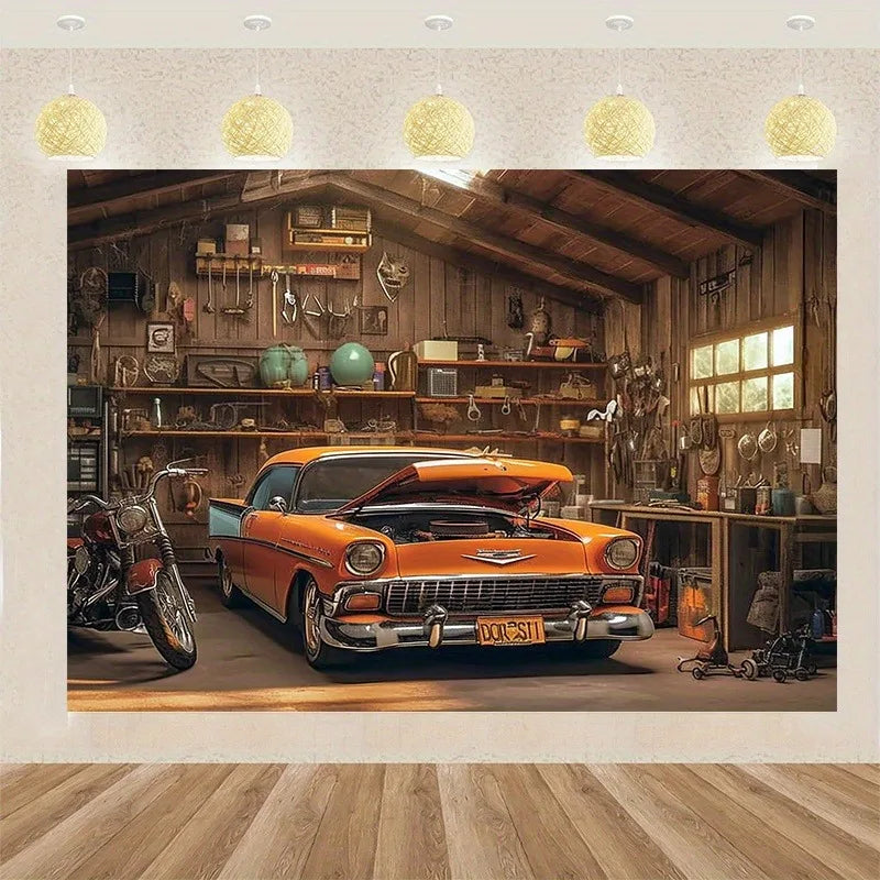 décoration murale poster voiture vintage garage outils orange noir blanc moderne