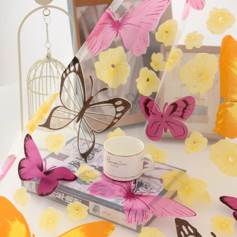 rideau moderne transparent papillons colorés salon polyester inclusion blanc jaune rose vert noir