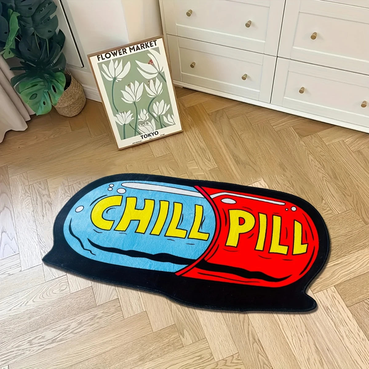 tapis antidérapant chill pill capsule pop art bleu rouge noir salle bain chambre couloir