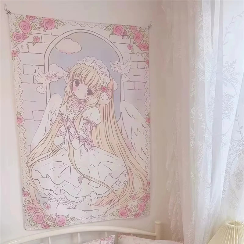 tapisserie fille ailes roses fond rose motif floral anime douce romantique