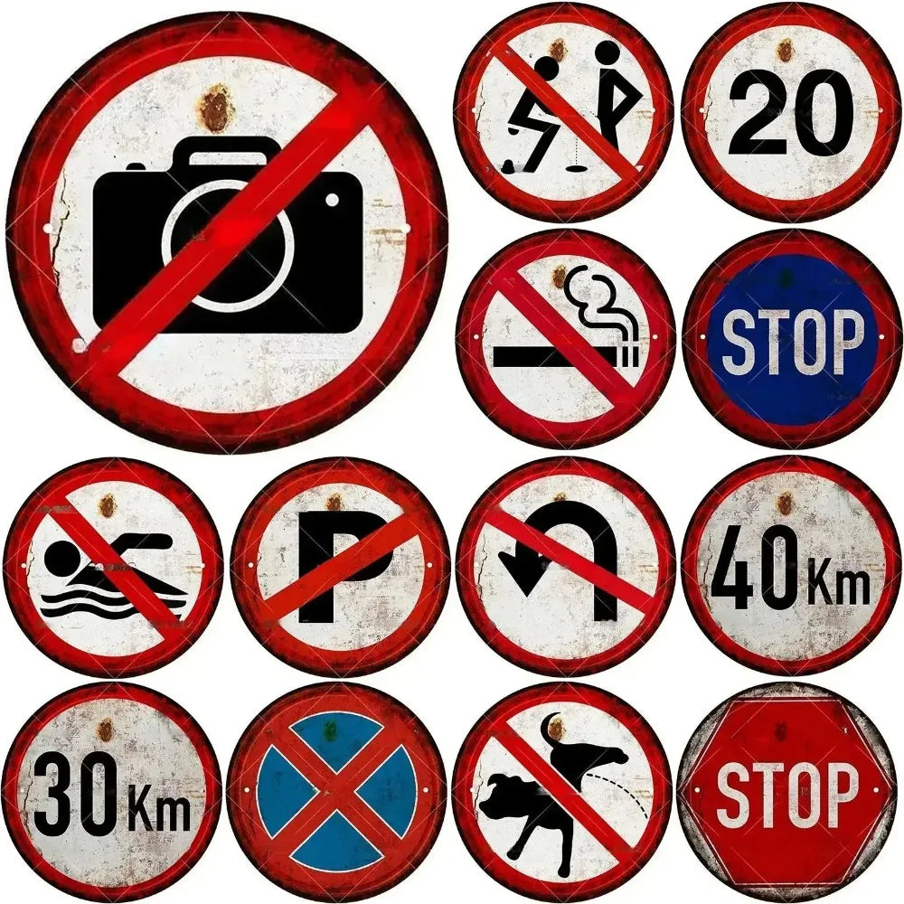 panneaux signalisation rétro interdiction fumer limite vitesse sans camera classique métal opaques vintage nostalgie