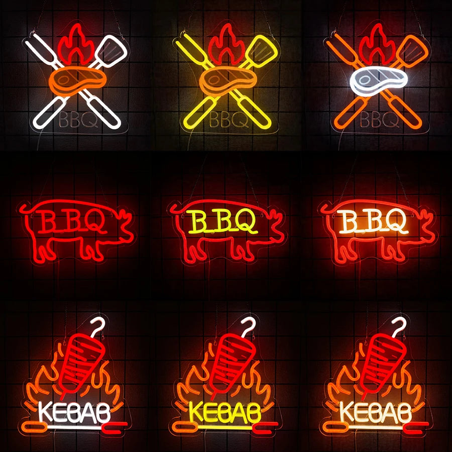 néon lumineux barbecue steak fourchette couteau flamme porc kebab rouge blanc moderne fixations murales
