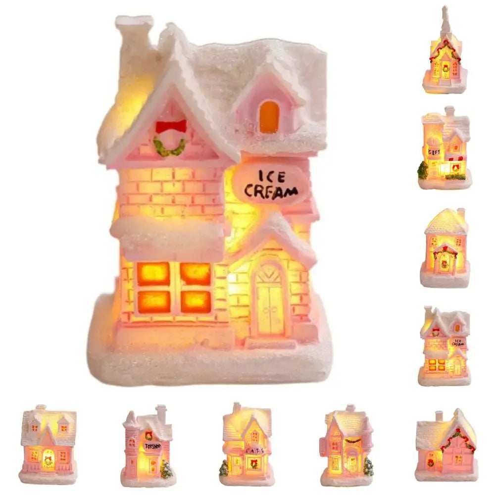 ornement noël miniature maison lumineuse rose brique neige toit fenêtres porte guirlandetoyshop
