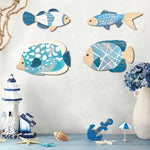 décoration murale marin poissons bateaux coquillages étoiles mer bois bleu blanc beige