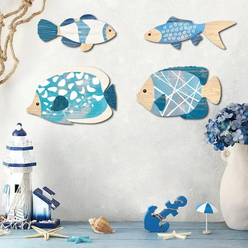 décoration murale marin poissons bateaux coquillages étoiles mer bois bleu blanc beige