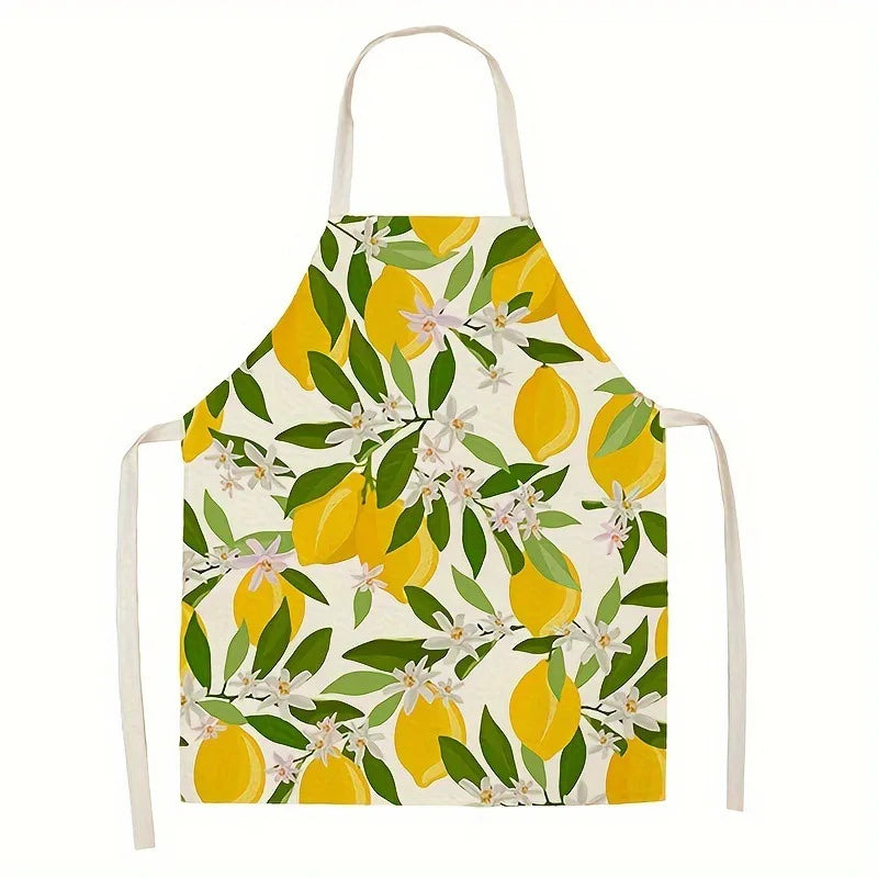 tablier cuisine lin coton élastiques citrons feuilles moderne beige jaune vert