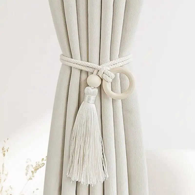anneau bois cordelette pompon franges deco moderne rustique tissu coton beige clair