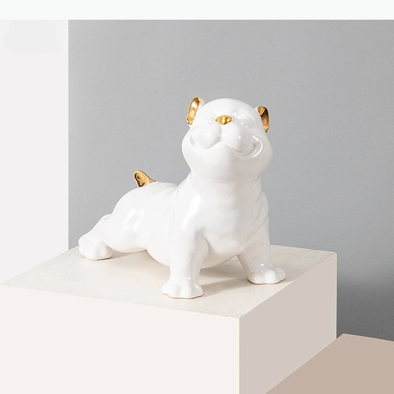 figurine chien bouledogue français noir blanc détails dorés lisse brillante moderne décorative
