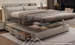 lit double moderne gris clair bois simili cuir tiroirs rangement tablette