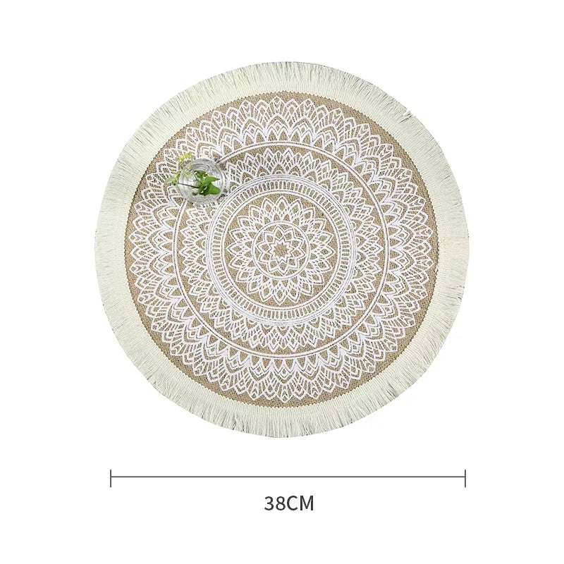 tapis rond boho chic motif floral franges beige clair salon chambre coucher moderne geometrique