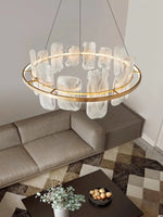 suspension lumineuse contemporaine élégante blanc doré texture organique ondulée translucent câbles suspension
