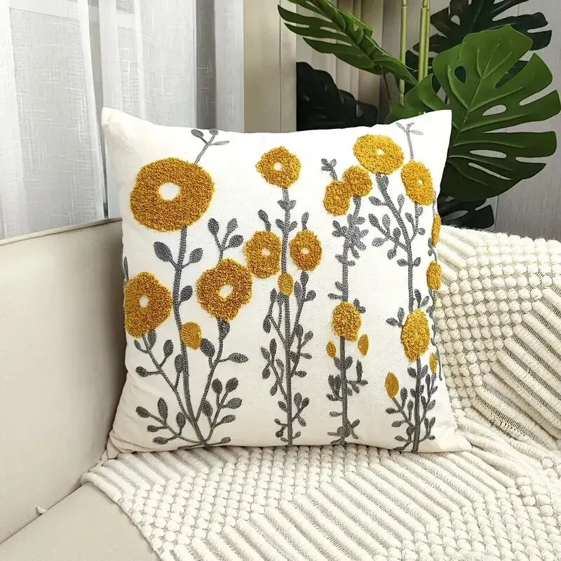 housse coussin carré motif floral moderne jaune gris coton blanc élégante