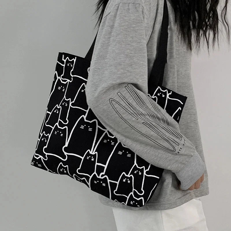 sac main femme toile imprimé chats noir blanc moderne casual poignées détachables fourre tout
