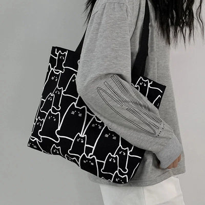 sac main femme toile imprimé chats noir blanc moderne casual poignées détachables fourre tout