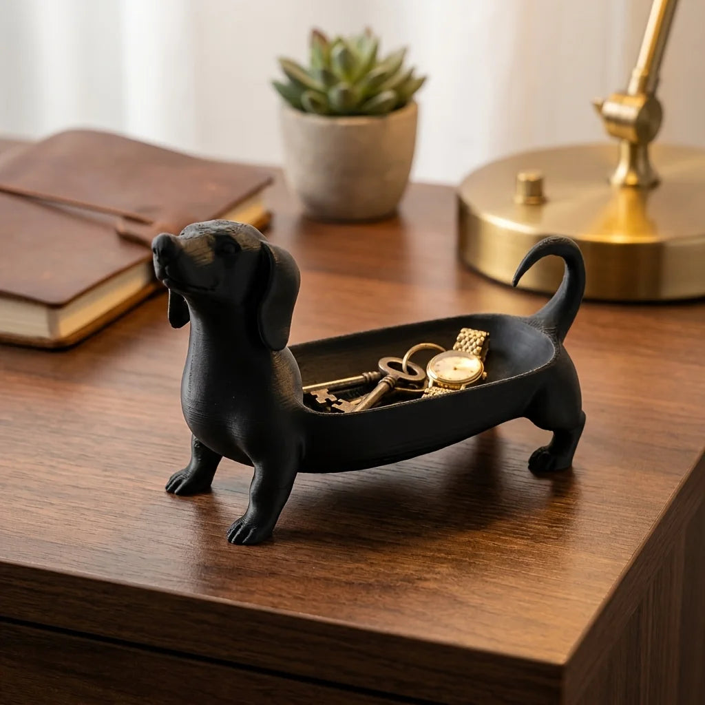 plateau rangement forme chien dachshund noir texturé métal décoratif bijoux montres clés ornement chambre