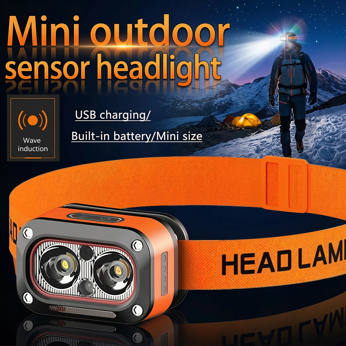 lampe frontale rechargeable led usb étanche mode haut bas orange noir texture tissée moderne