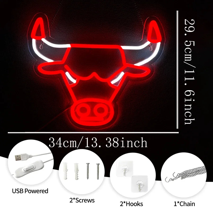 lampe néon tête taureau rouge blanche moderne usb powered chaîne fixations