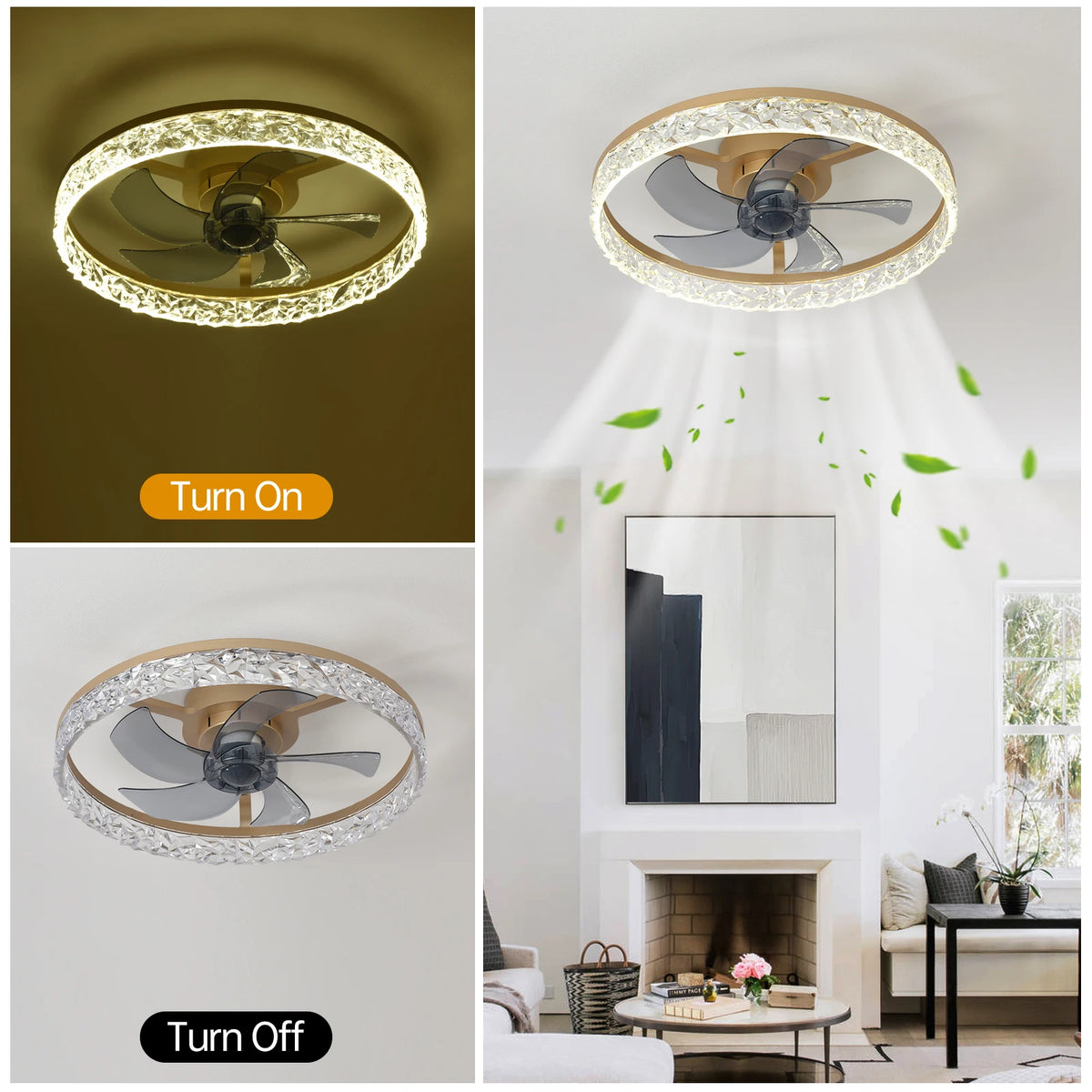 ventilateur led moderne télécommande blanc doré noir strass floral élégant chambre salon