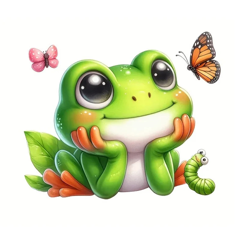 autocollant mural grenouille papillons feuilles dessin animé vert blanc orange rose noir