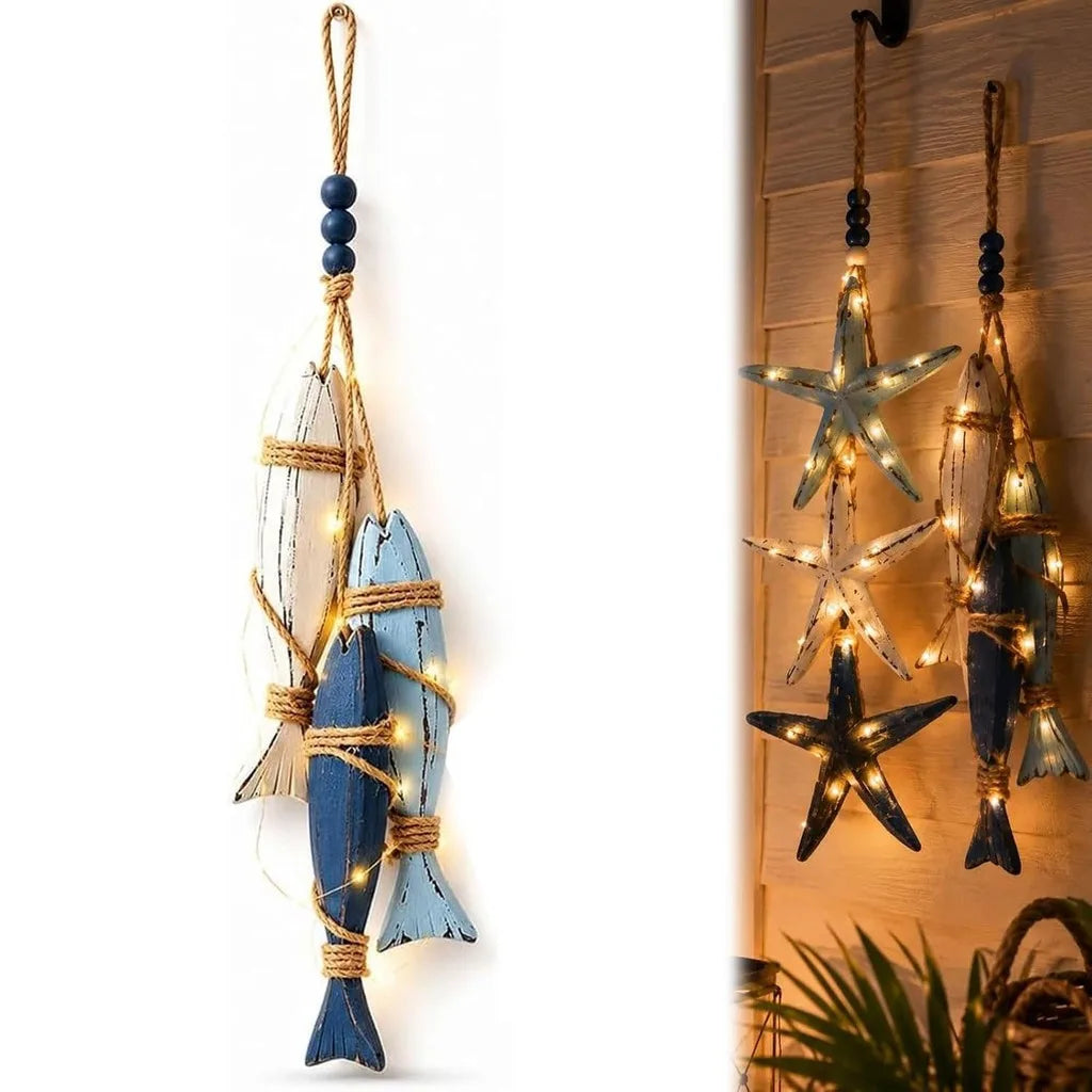 décorations murales marin poissons étoiles mer bois bleu blanc suspendus guirlandes led vintage rustique