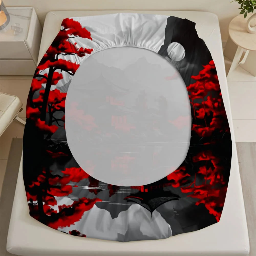 drap housse imprimé paysage oriental moderne rouge arbres montagnes chambre lit coton polyester