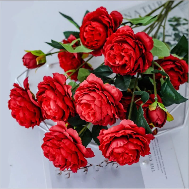 Bouquet artificiel roses feuilles vertes mariage décoration maison blanc rouge roseclair
