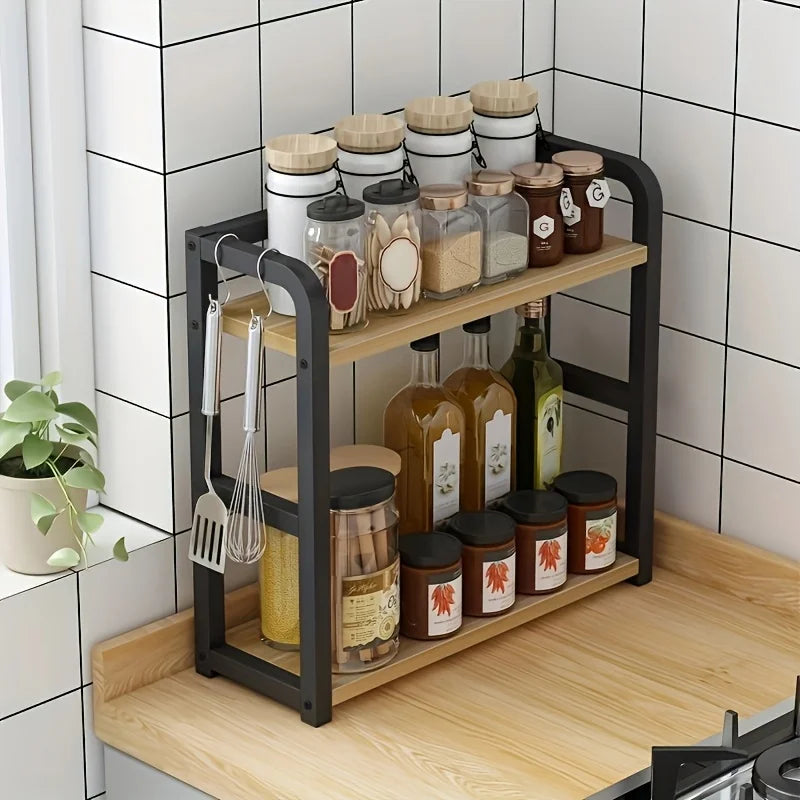 étagère rangement cuisine moderne bois naturel noir plateaux métal antirouille bouteilles pots ustensiles