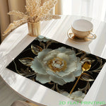 tapis table fleur blanche dorée fond noir classique élégant cuillère tasse livre vase