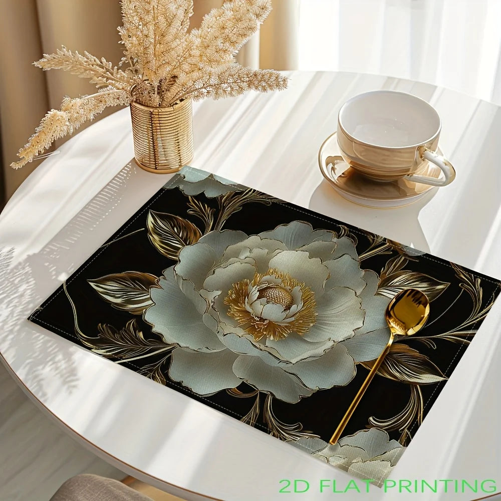 tapis table fleur blanche dorée fond noir classique élégant cuillère tasse livre vase