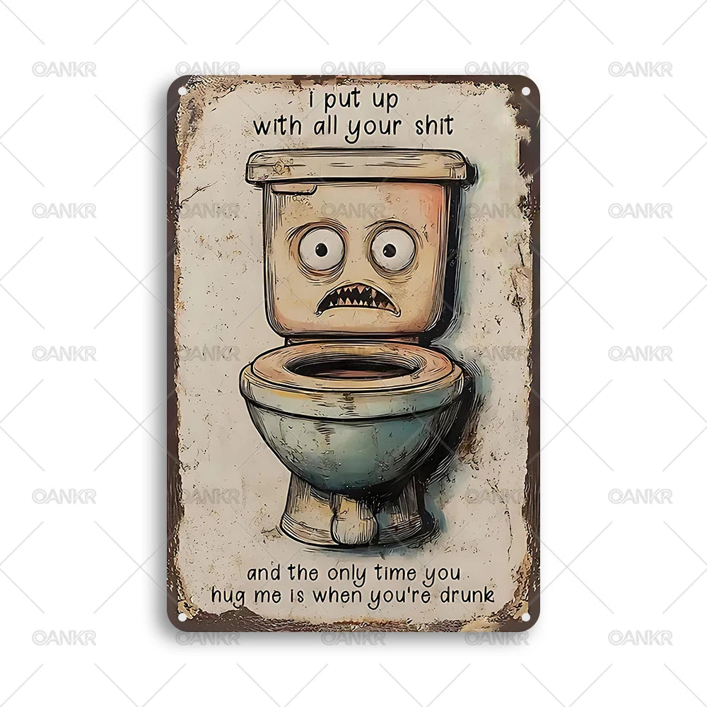 plaque métal humour toilette vintage décoration murale beige gris noir illustration