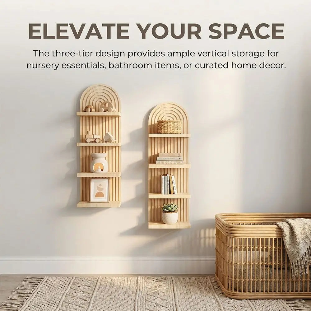 étagère murale bois quatre niveaux moderne minimaliste rayures verticales naturel beige clair