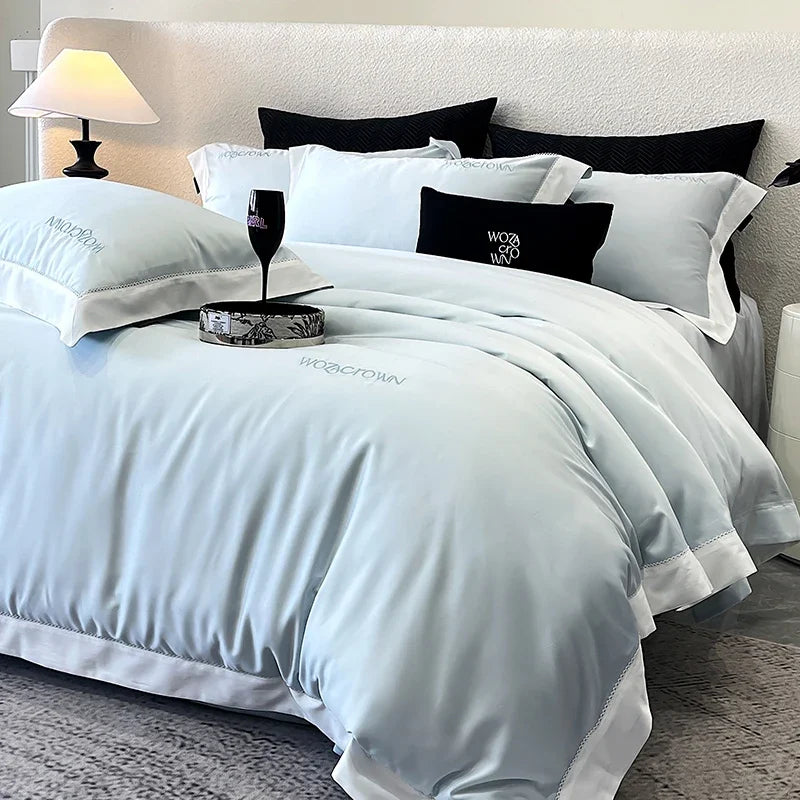 parure lit luxe coton lyocell satiné housse couette drap plat taies oreillers blanc