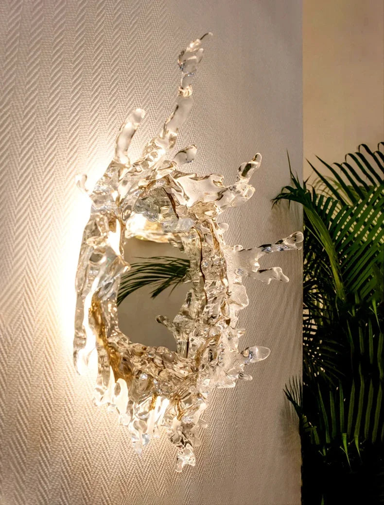 miroir mural moderne effet éclaboussure d'eau transparent argenté lumière intégrée chambre coucher salon entrée