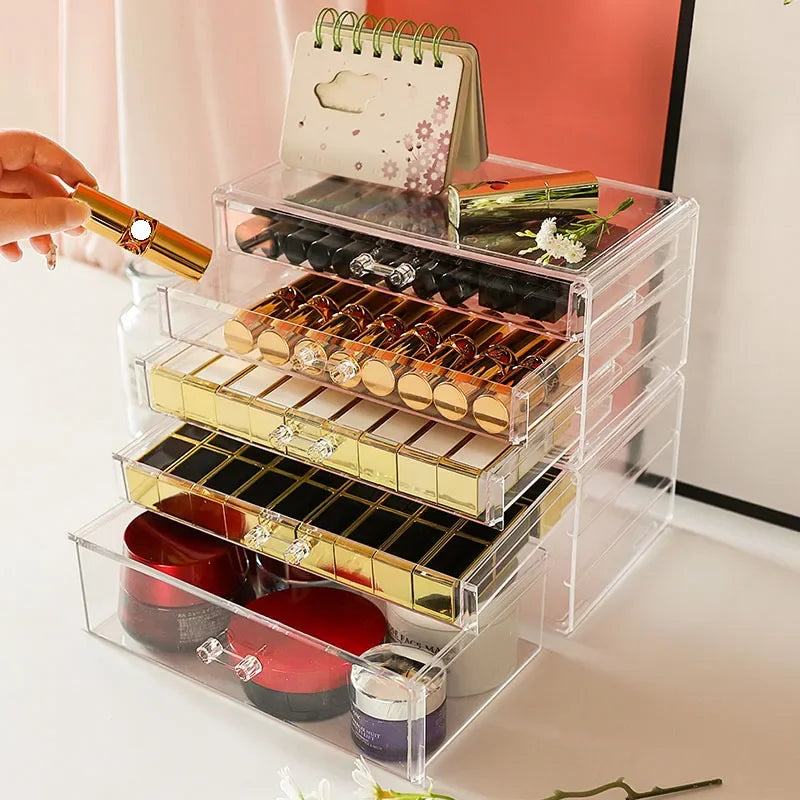 boîte rangement maquillage transparente tiroirs bijoux moderne minimaliste plastique lisse doré rouge