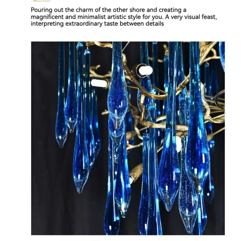 lustre contemporain élégant gouttes cristal bleu doré opalescent led salon chambre