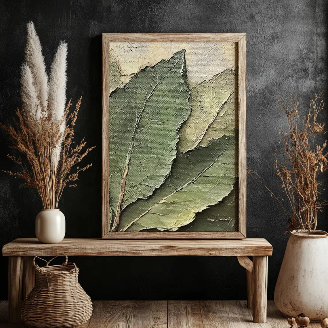tableau mural toile feuilles botaniques impression texturée verte contemporain abstrait décoration maison vert beige