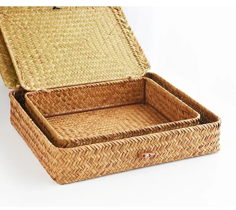 boîte bijoux marron clair tissage paille rustique clips métalliques intérieur 28cm 24cm 6.5cm