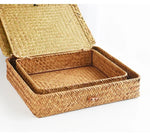 boîte bijoux marron clair tissage paille rustique clips métalliques intérieur 28cm 24cm 6.5cm