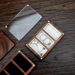 boîte bijoux bois foncé tissu intérieur moderne clips anneaux boucles d'oreilles colliers cadeau présentation