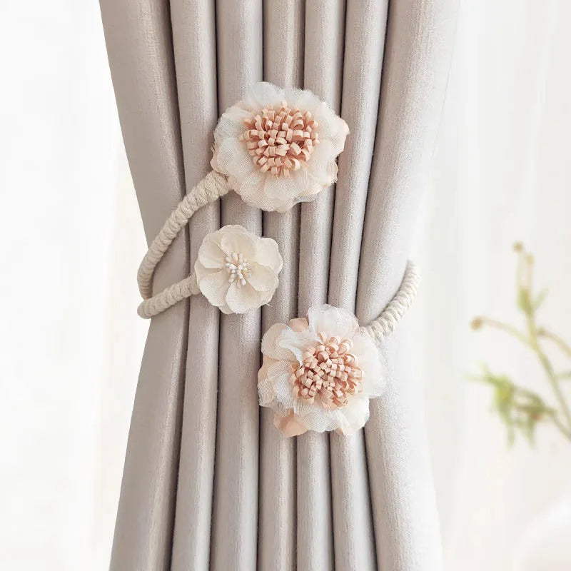 rideau polonais bohème fleurs coton corde tressée moderne attaches pompons transparent floral