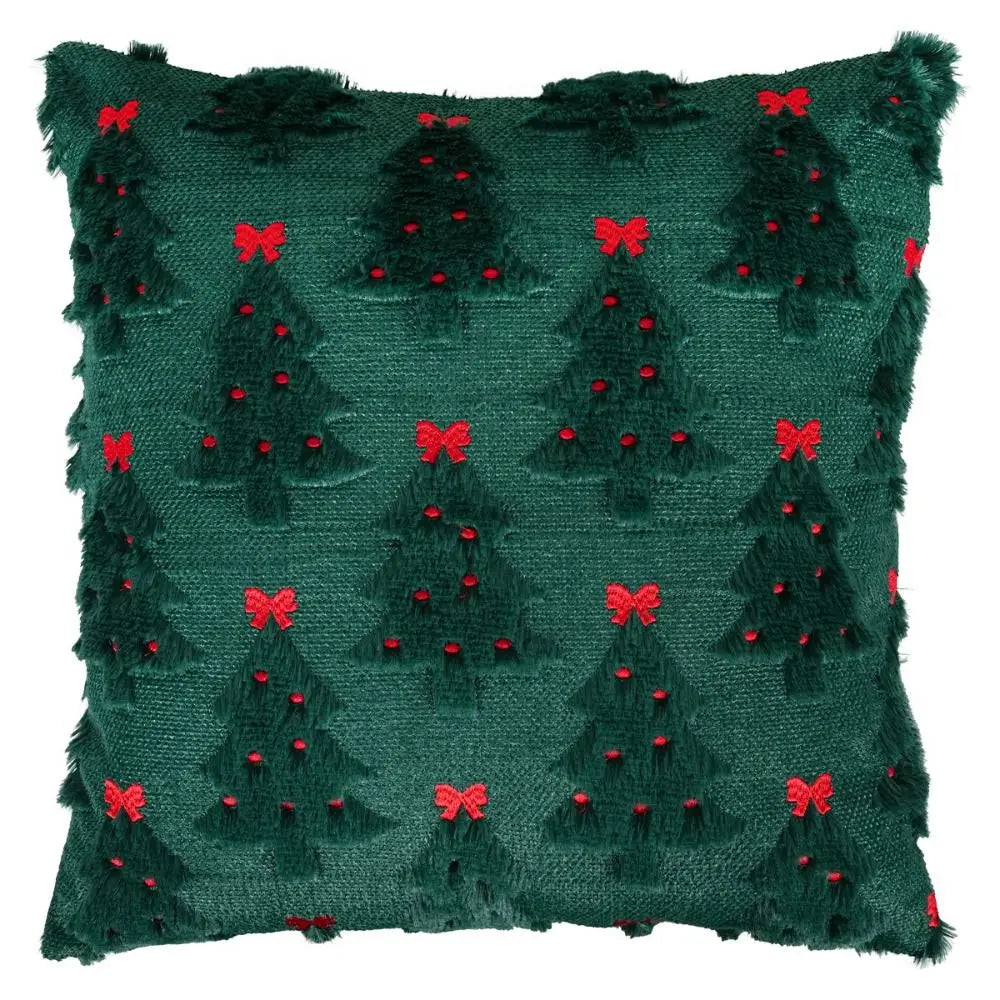 housse coussin noël motif sapins brodés vert foncé rouge crème texture poilue festif