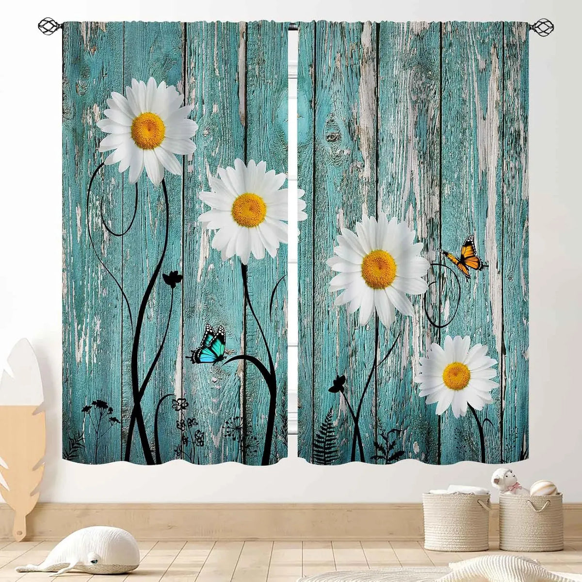 rideaux imprimé marguerites papillons champêtre fleurs sauvages opaque maison hospitalité commerce